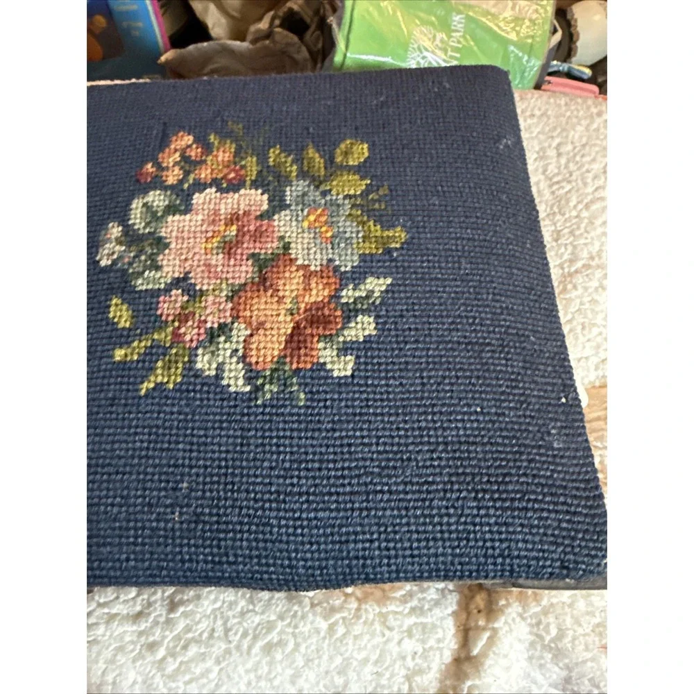 Vtg Floral Needlepoint Footstool Square Victorian Flowers
